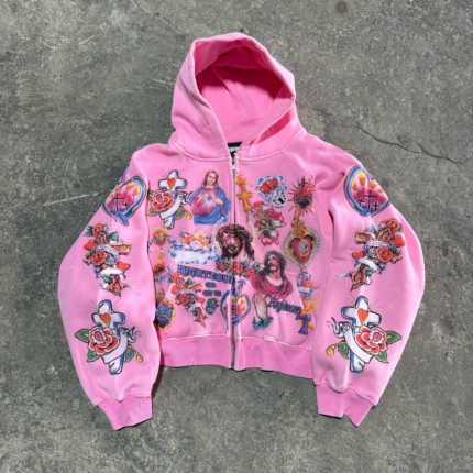 We Are Righteous The “Risen King” Cropped Zip Up Hoodie Pink