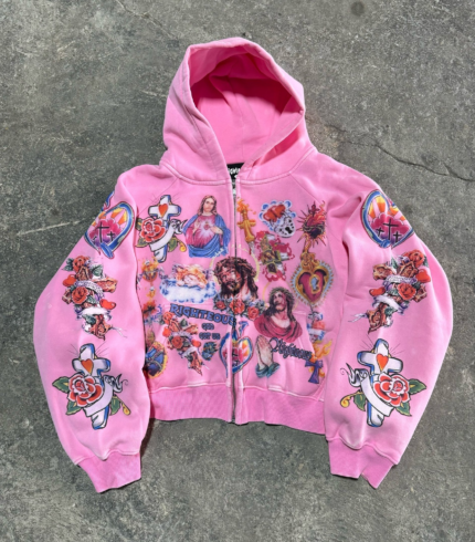 We Are Righteous The “Risen King” Cropped Zip Up Hoodie Pink